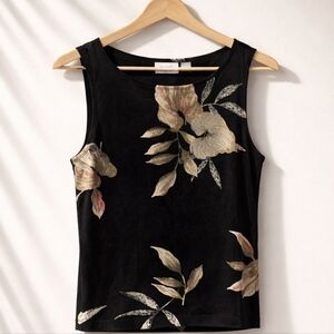 Vintage Chico's Travelers Travel Knit Sleeveless Black Floral Top M (1) USA MADE